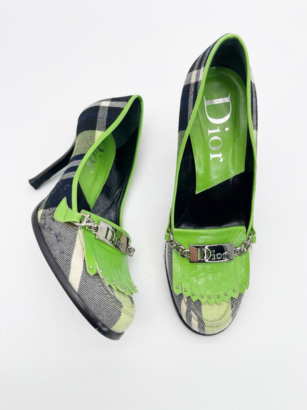 Dior Vintage Y2K Galliano Plaid Green Leather Logo Kiltie Pumps Heels EU 37.5